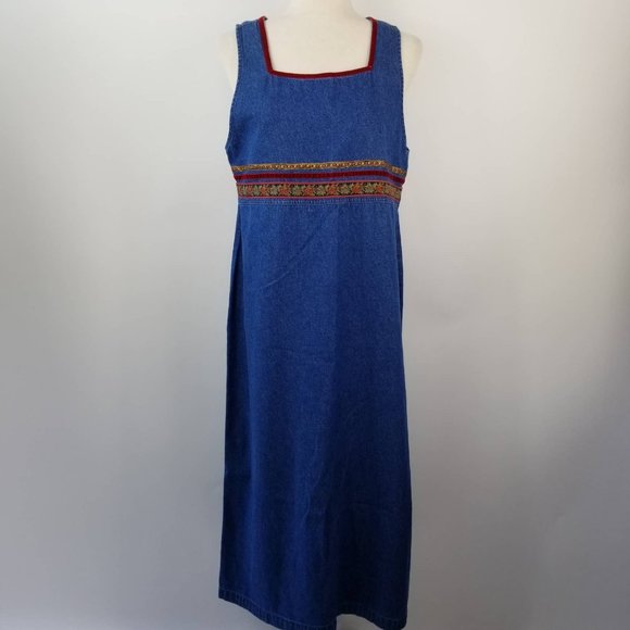 Erika & Co Blue Denim Gold Burgundy Ribbon Embellished Jumper Dress Size PM Side - Picture 1 of 6